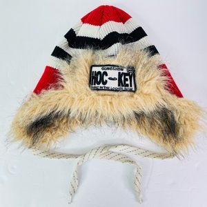 Gongshow Hockey Winter Trapper Hat With Flaps Red Black White Fur Lining
